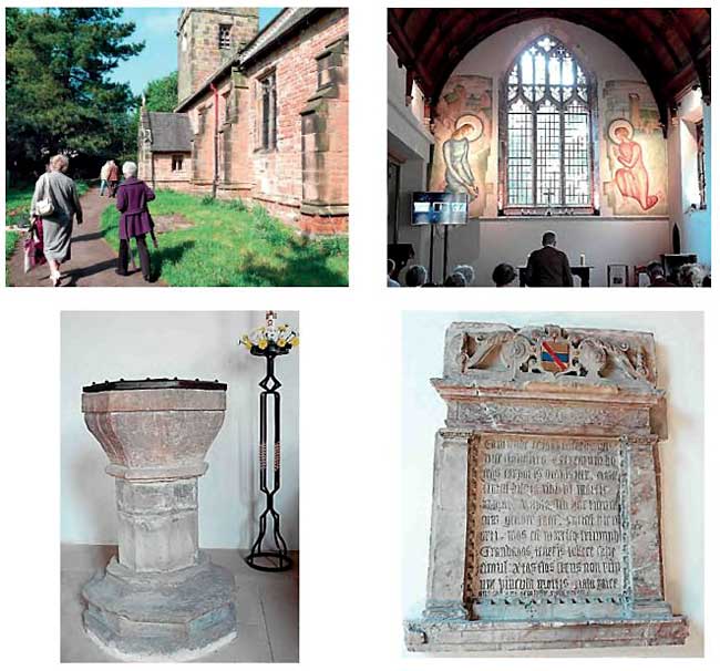 Clockwise from top left: Members arriving at St Martin's Church, Bilborough; The Evelyn Gibbs mural; The memorial to Sir Edmund Helwys, father of Thomas Helwys; The Font, thought to be late mediaeval.
